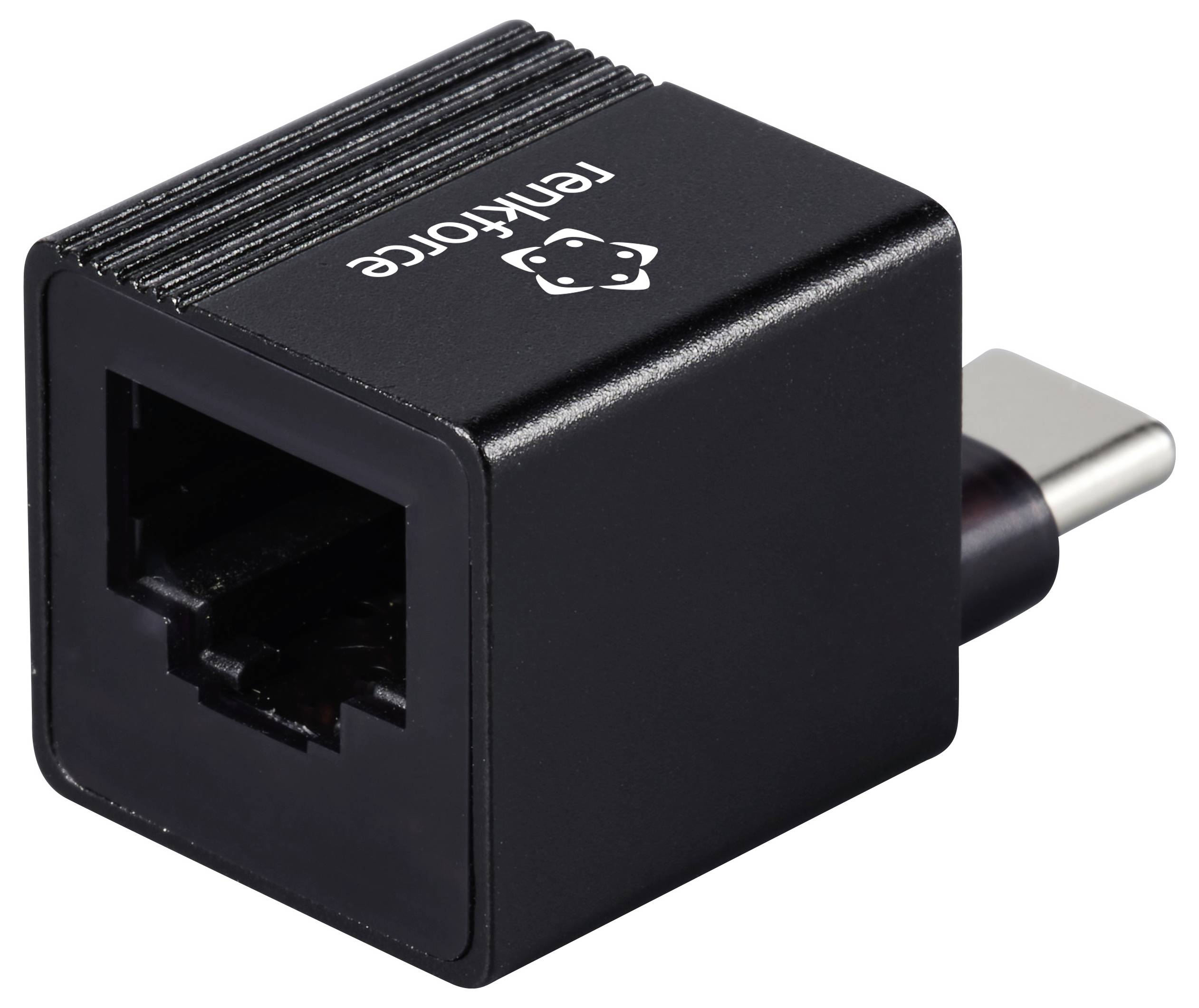 En svart nätverksadapter med iögonfallande märkning och logotyp, USB-C-kontakt och RJ45-port för trådbundna internetanslutningar.