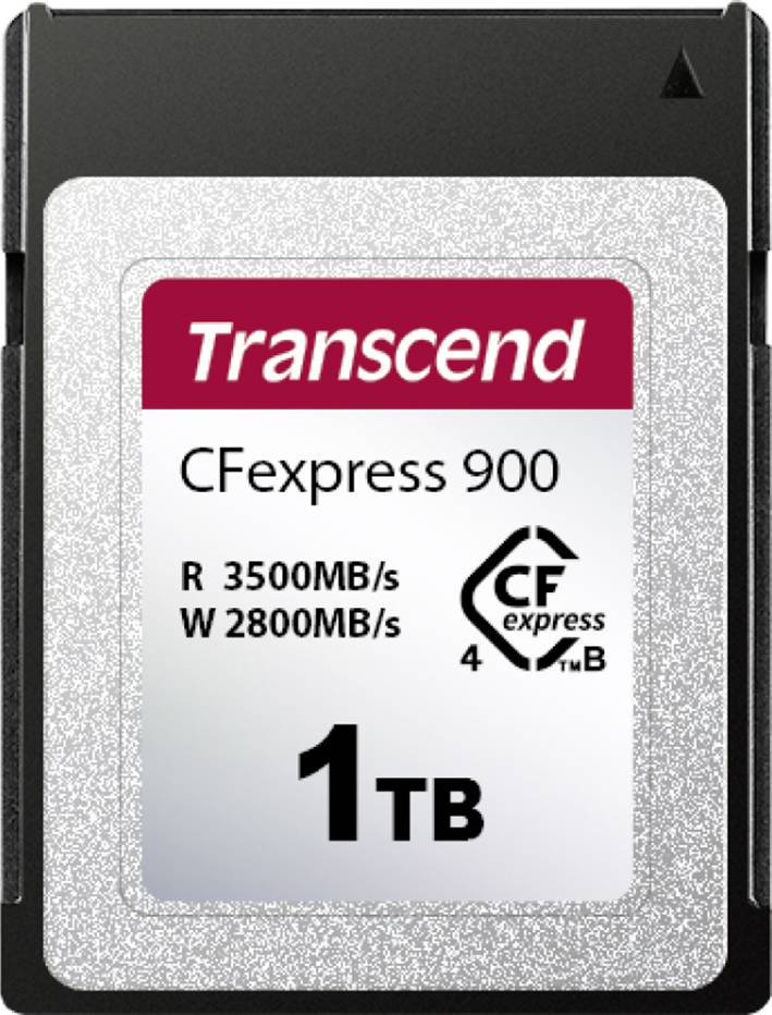 Transcend CFexpress-minneskort med 1 TB kapacitet. Läs-/skrivhastighet: 3500 MB/s / 2800 MB/s. Modell: CFexpress 900.