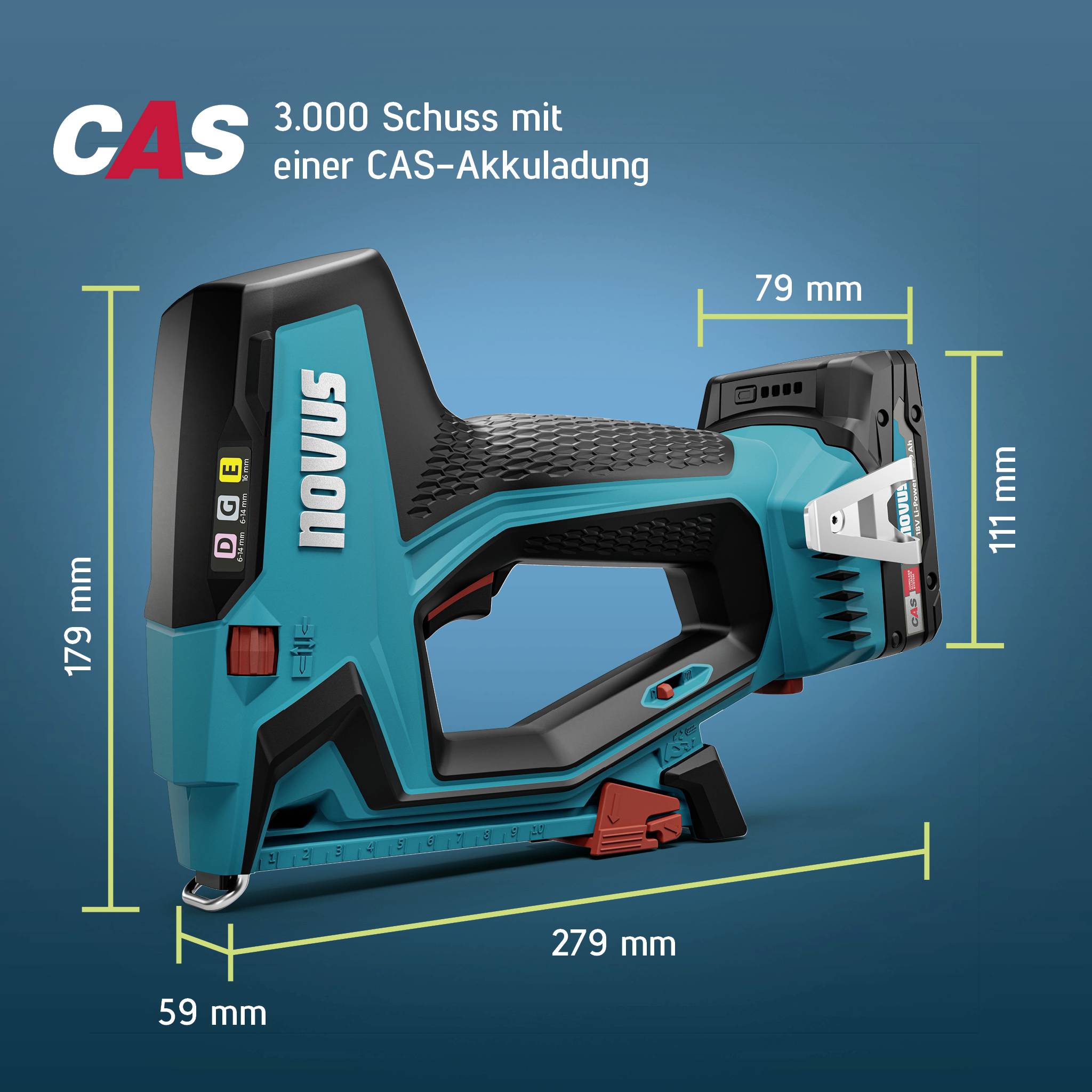 'CAS 3.000 skott med en CAS-batteriladdning', bild av en blå Novus Krafttacker med måtten: 179 mm (höjd), 279 mm (längd), 111 mm (bredd).