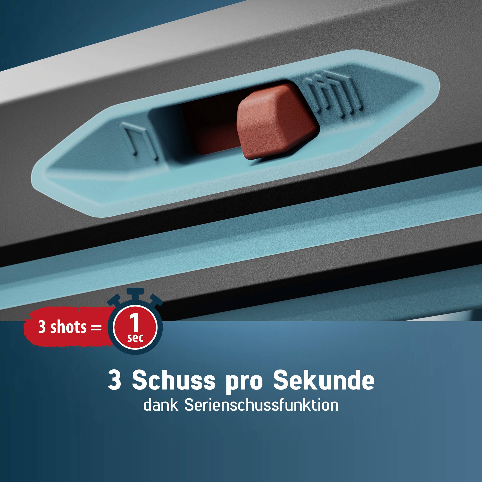 Foto av en enhet med texten '3 skott = 1 sek' och '3 skott per sekund tack vare serieskottsfunktionen', visar en switch.