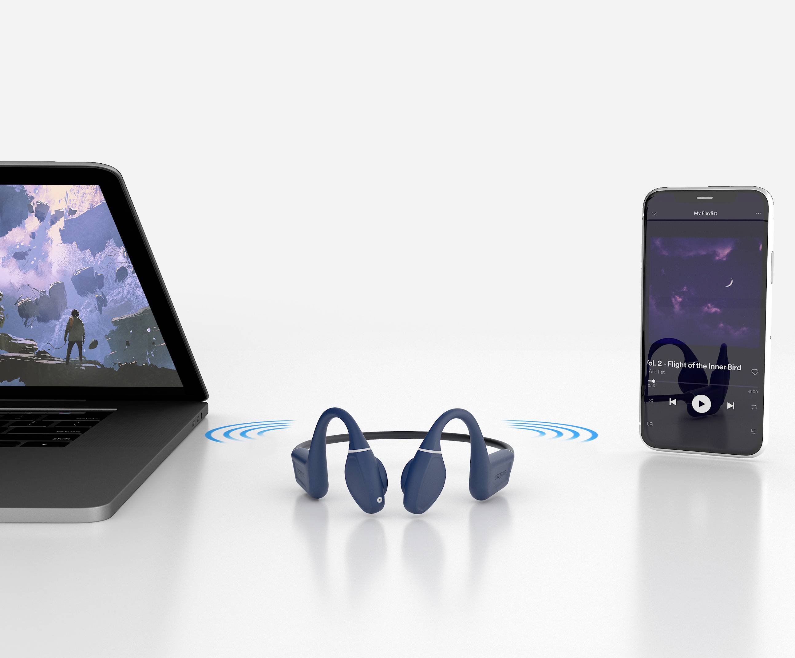 En laptop, hörlurar och en smartphone är avbildade. Laptopen visar en landskapsbild, smartphonen en musikapp.