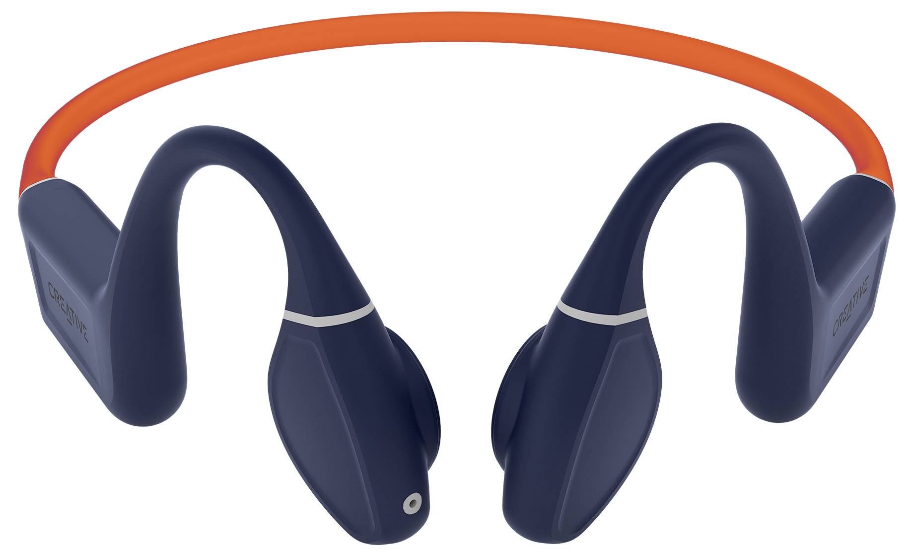 Svarta benledande hörlurar med orange nackband, sedda framifrån.