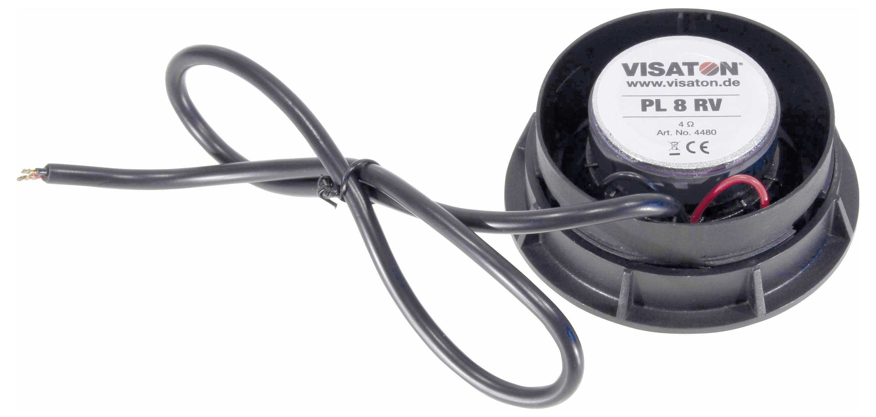 Bakvy av en rund högtalare med kabel. Klistermärket visar varumärket Visaton, modell PL 8 RV, 4 Ohm impedans.