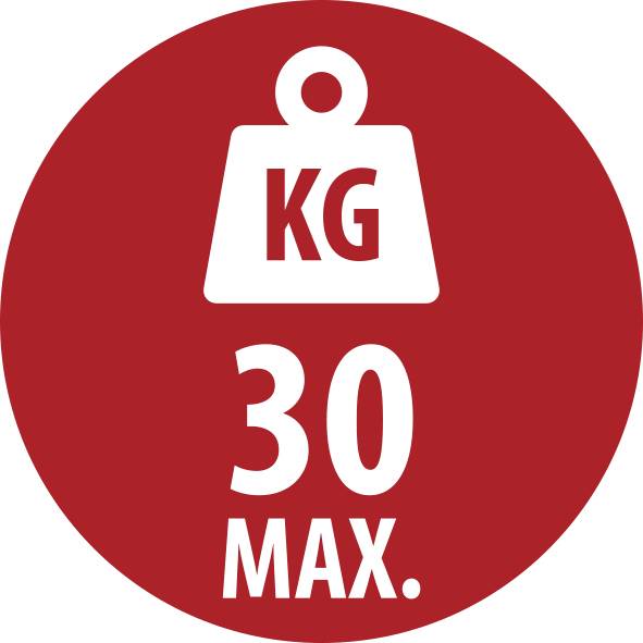 Röd cirkulär skylt som visar en viktgränssymbol märkt "KG" och "30 MAX." som anger en maximal belastning på 30 kilogram.