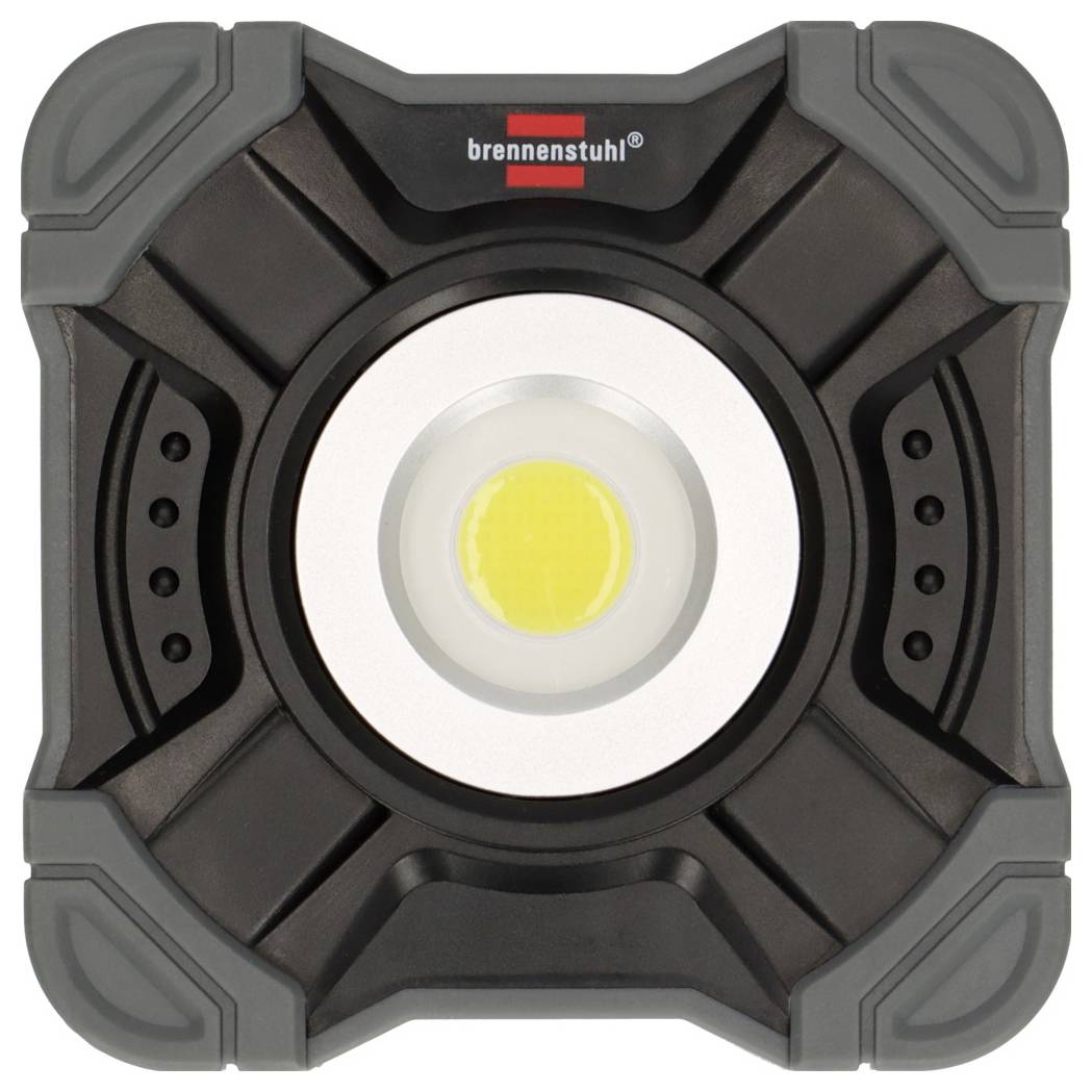 Svart bärbar LED-arbetslampor med en central gul lampa, märkt "brennenstuhl", i ett robust kvadratiskt hölje.