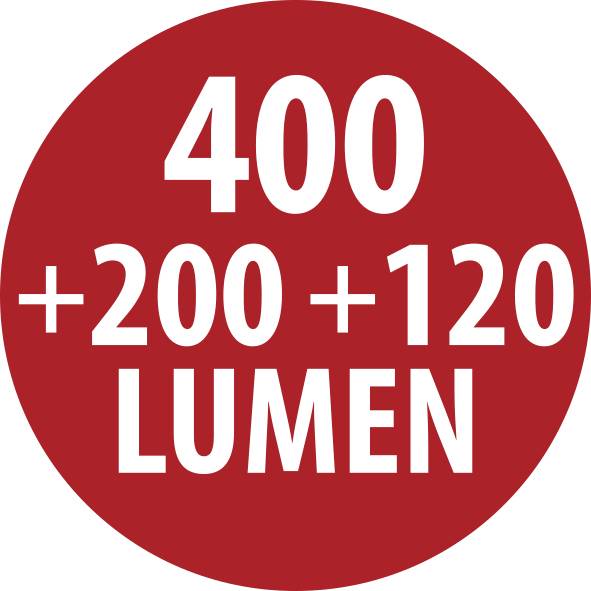 Röd cirkulär etikett med vit text läsande "400 +200 +120 LUMEN"