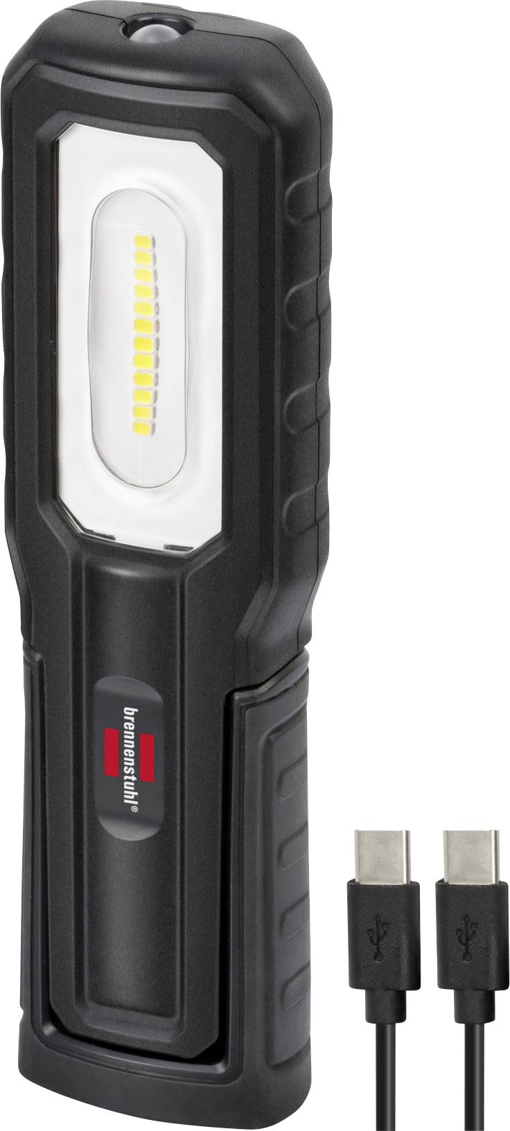 Svart bärbar LED-arbetslampa med bärhandtag och två USB-laddningskablar bredvid den