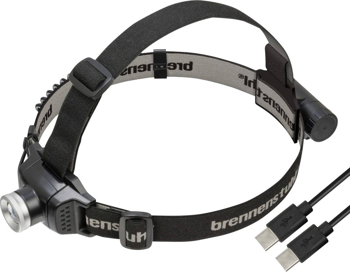 Svart justerbar LED-pannlampa med elastiskt band och ansluten USB-laddningskabel, visad på vit bakgrund.