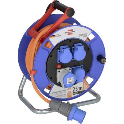 Blå och orange kabelrulle på ett metallstativ, med flera blå eluttag och en 25 m campingkabel-etikett.