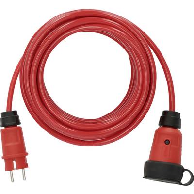 Rulle med röd elektrisk förlängningskabel med tvåstiftig kontakt och matchande uttag i änden på vit bakgrund.