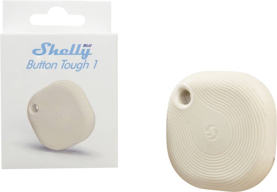 En vit, rund Bluetooth-knapp med strukturerade linjer ligger bredvid sin förpackning med texten 'Shelly Button Tough 1'.