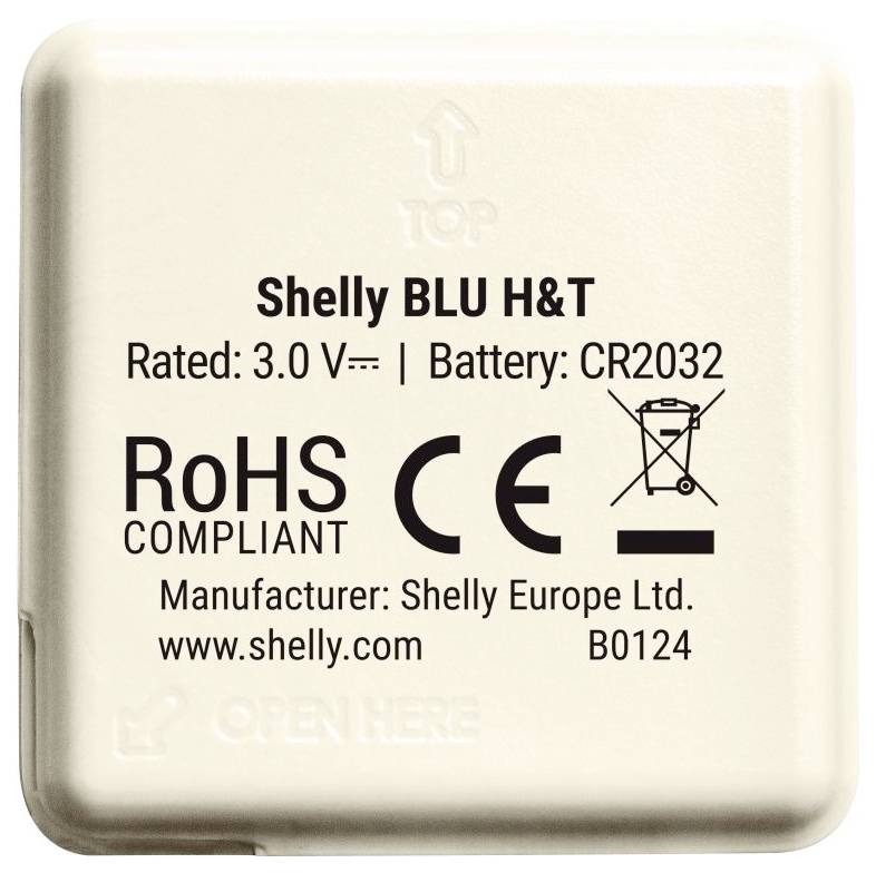 Baksida av en enhet med texten: 'Shelly BLU H&T, 3,0 V, Batteri: CR2032'. Innehåller symboler för RoHS, CE och återvinning.