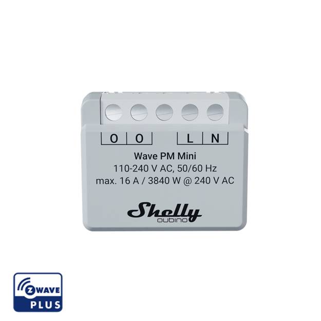En Shelly PM Mini med anslutningsschema. Lämplig för 110-240 V AC, 50/60 Hz, max. 16 A/3840 W vid 240 V. Stöder Z-Wave Plus.