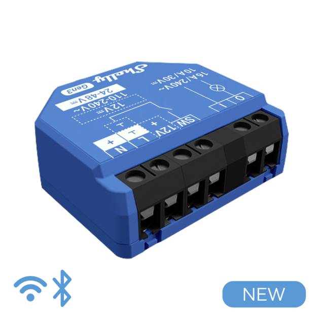 En blå smart switch med Bluetooth- och WiFi-symboler. Kompakt, med anslutningsklämmor för 10-240V. Etiketten visar specifikationer.