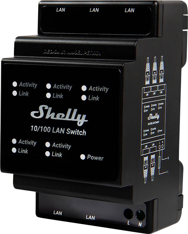 Svart 10/100 LAN-switch med flera LAN-portar, aktivitets- och länk-LED:er samt en strömindikator. Märke: Shelly.