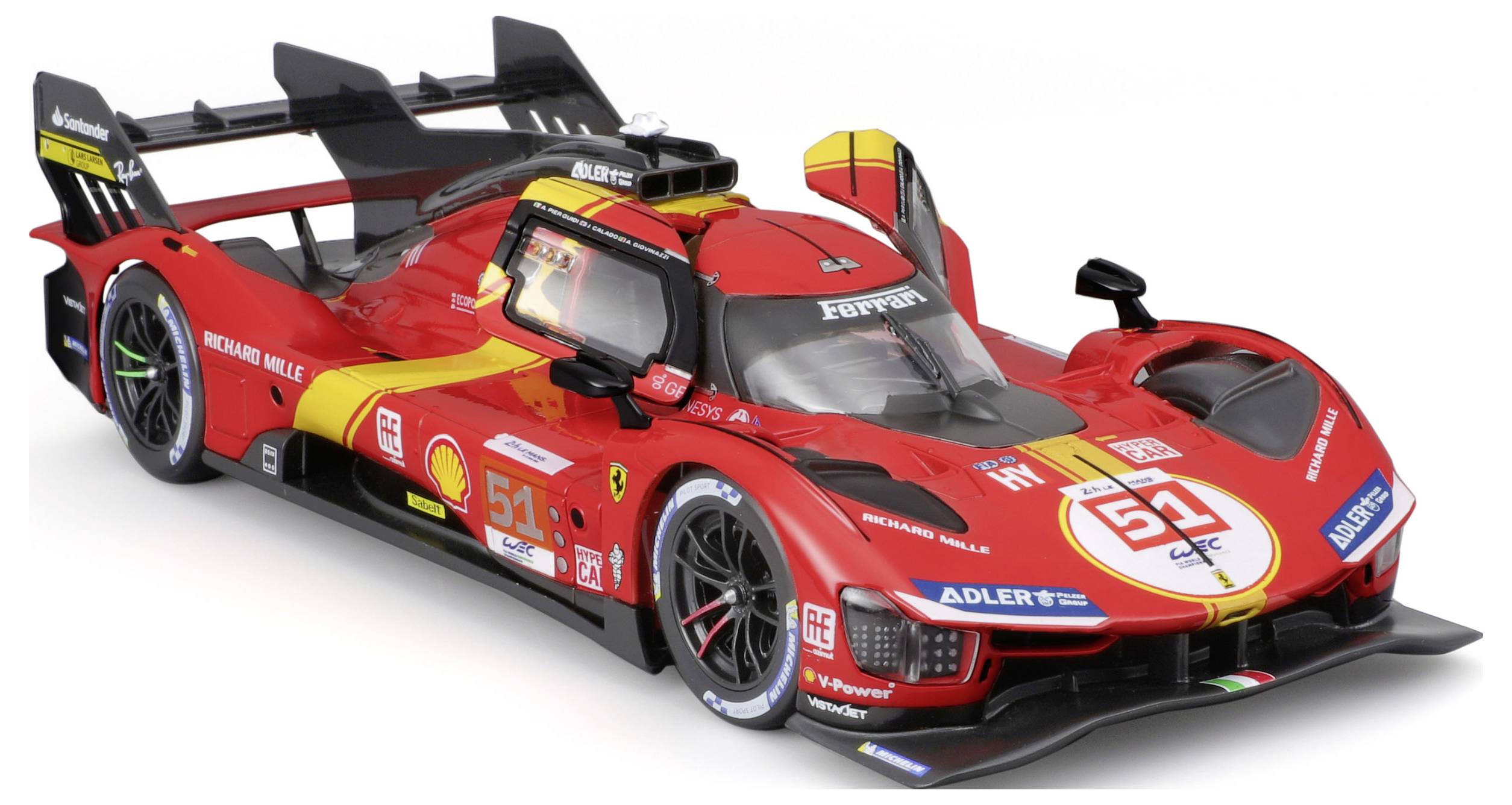 Röd racerbil med Ferrarilogotyper, startnummer 51 och sponsordekaler på karossen, parkerad mot vit bakgrund.