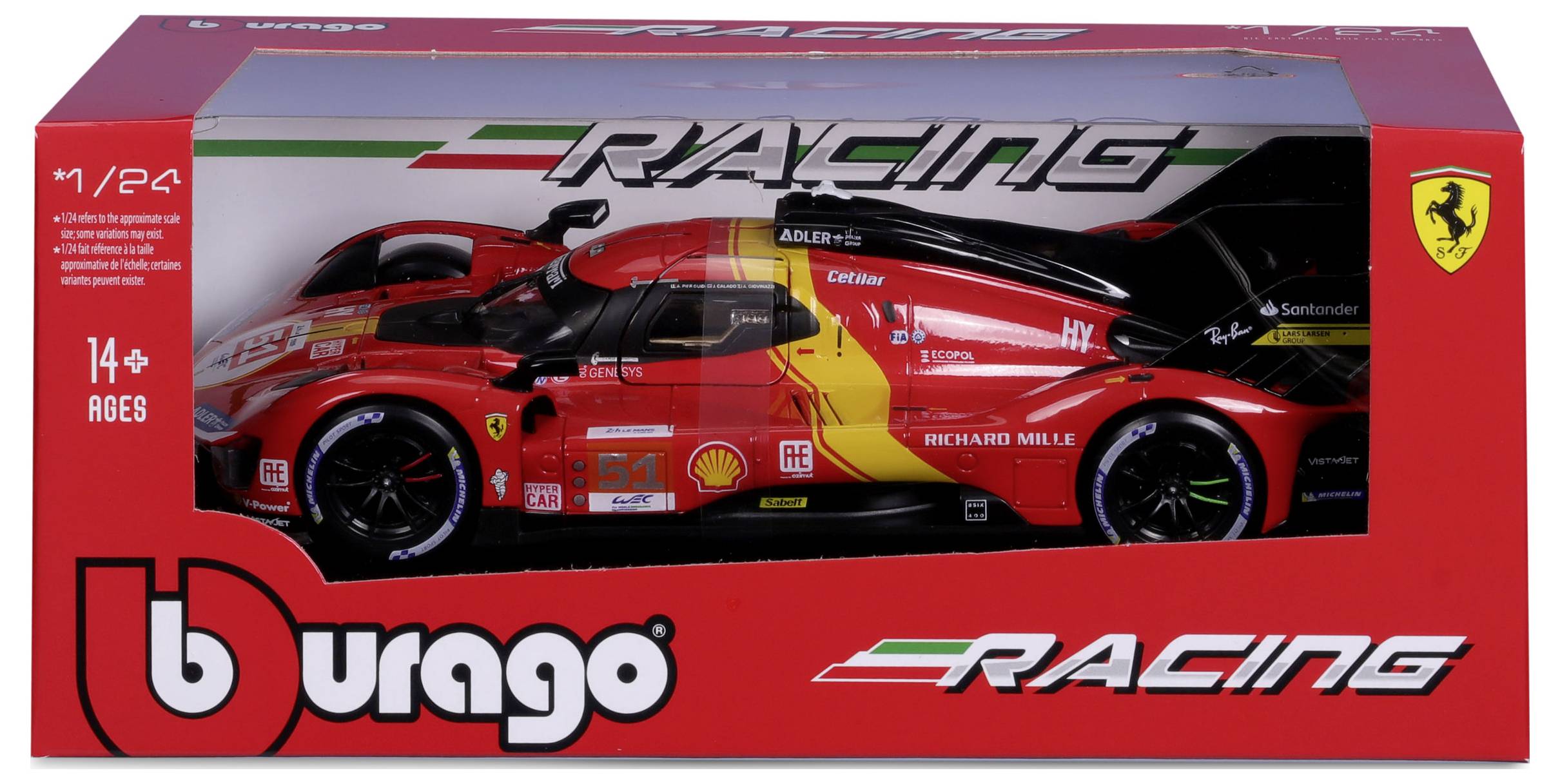 En röd Burago modelbil i skala 1:24, förpackad i en låda märkt 'Racing'. Bilen har Ferrari-logotyper.