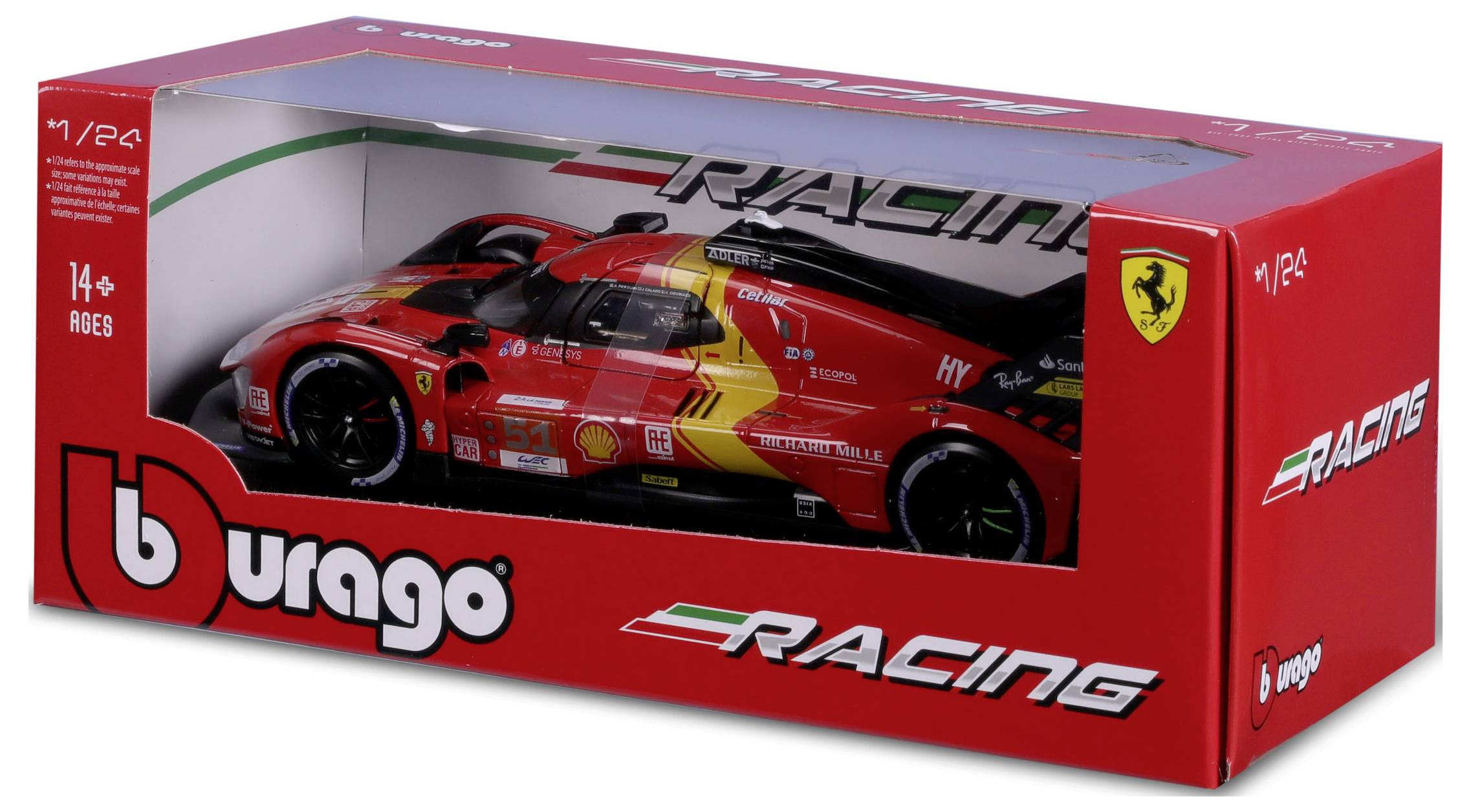 En röd modellbil i en förpackning märkt 'Bburago Racing'. Förpackningen har Ferrari-logotyp och är avsedd för personer från 14 år och uppåt.