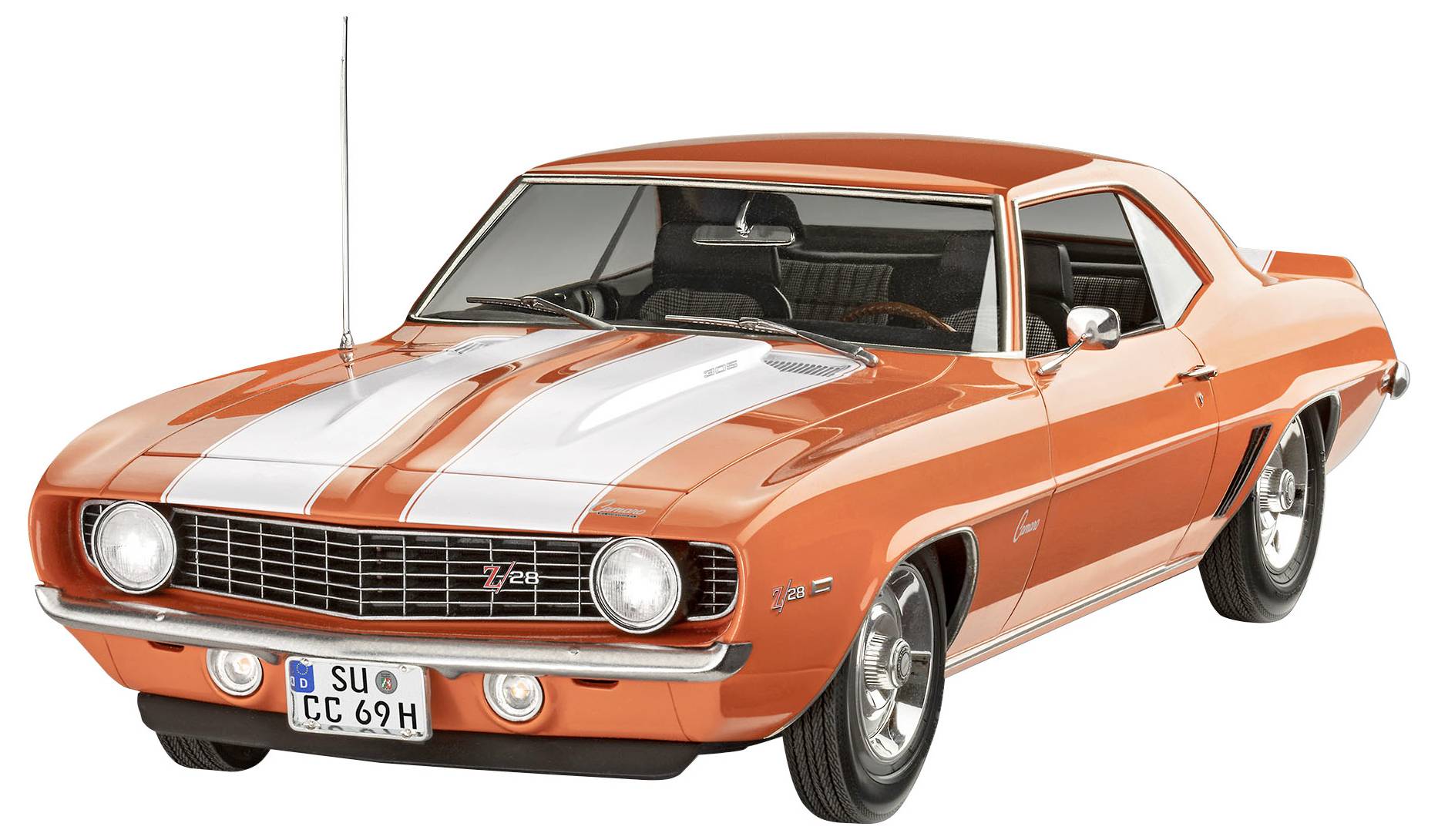 En orangefärgad, klassisk sportbil med vita ränder, parkerad, sedd framifrån.