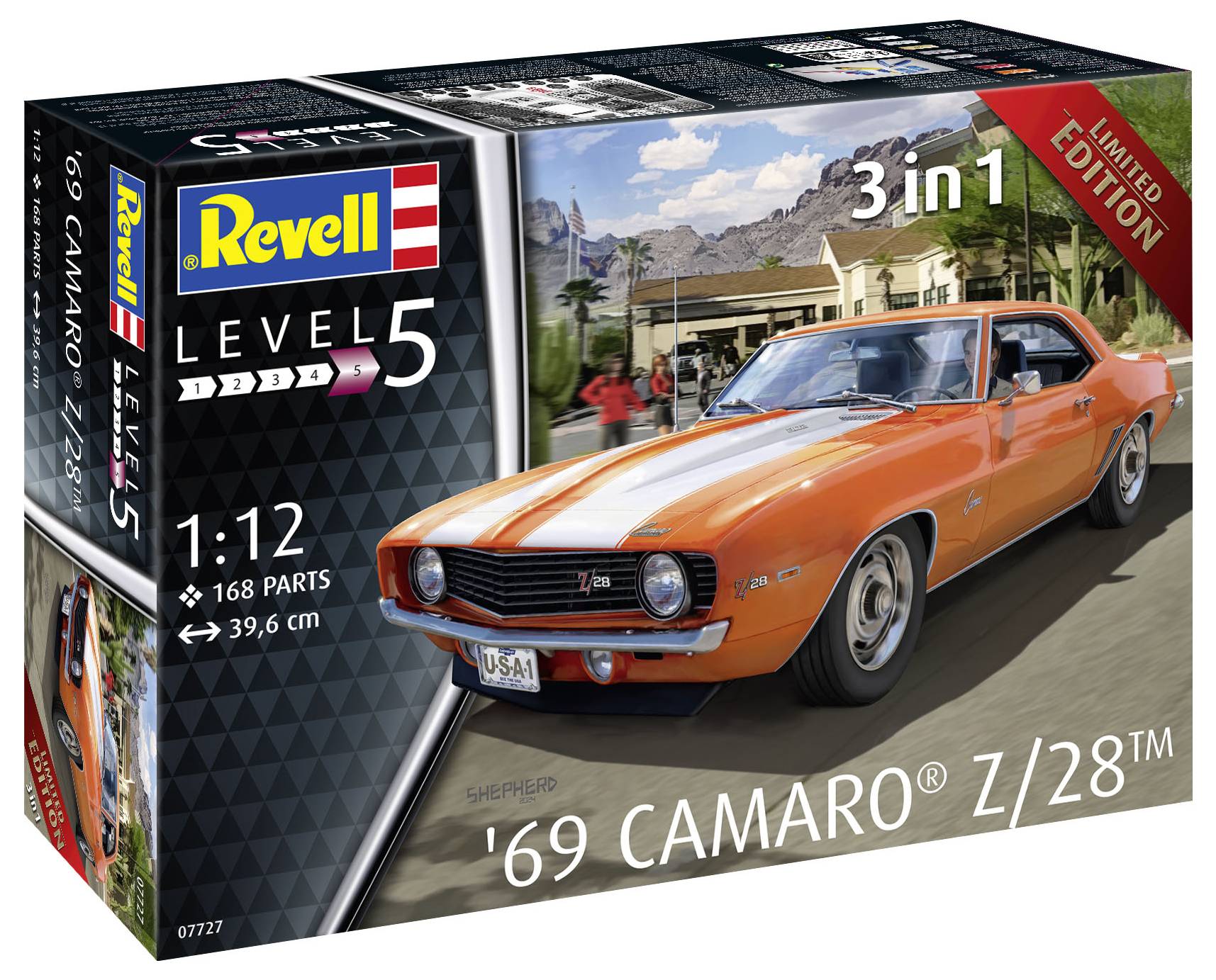Revell modellbyggsats-förpackning som visar en orange '69 Camaro Z/28™. Innehåller 168 delar och är i skala 1:12.