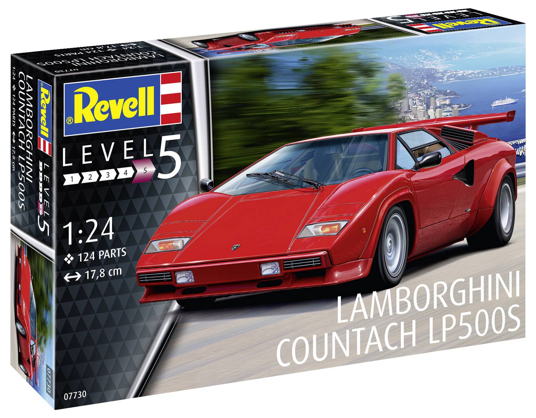 Förpackning för en modellbyggsats från Revell, 'Lamborghini Countach LP500S' i skala 1:24, nivå 5, med 124 delar.