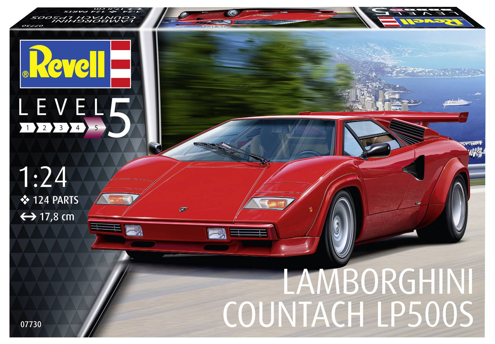 Modellbyggsats förpackning med röd Lamborghini Countach LP500S framför en kustlandskap. Märke: Revell, Skala: 1:24, 124 delar.