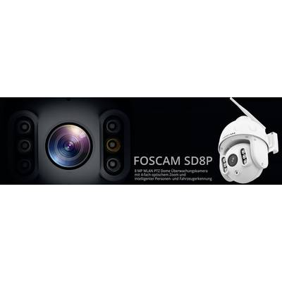 Närbild av kameran med text 'FOSCAM SD8P 8 MP WLAN PTZ Dome övervakningskamera med 4x optisk zoom och intelligent person- och fordonsdetektion'.
