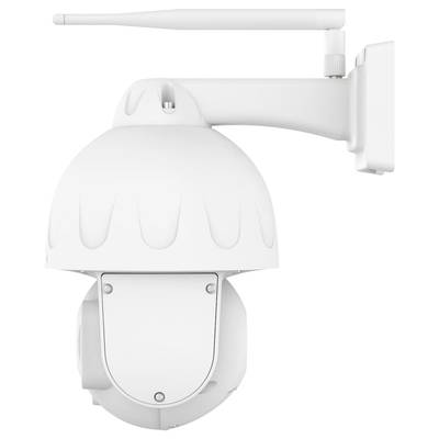 Vit övervakningskamera med antenn, fäst vid ett väggfäste, avsedd för övervakning av utomhusområden.