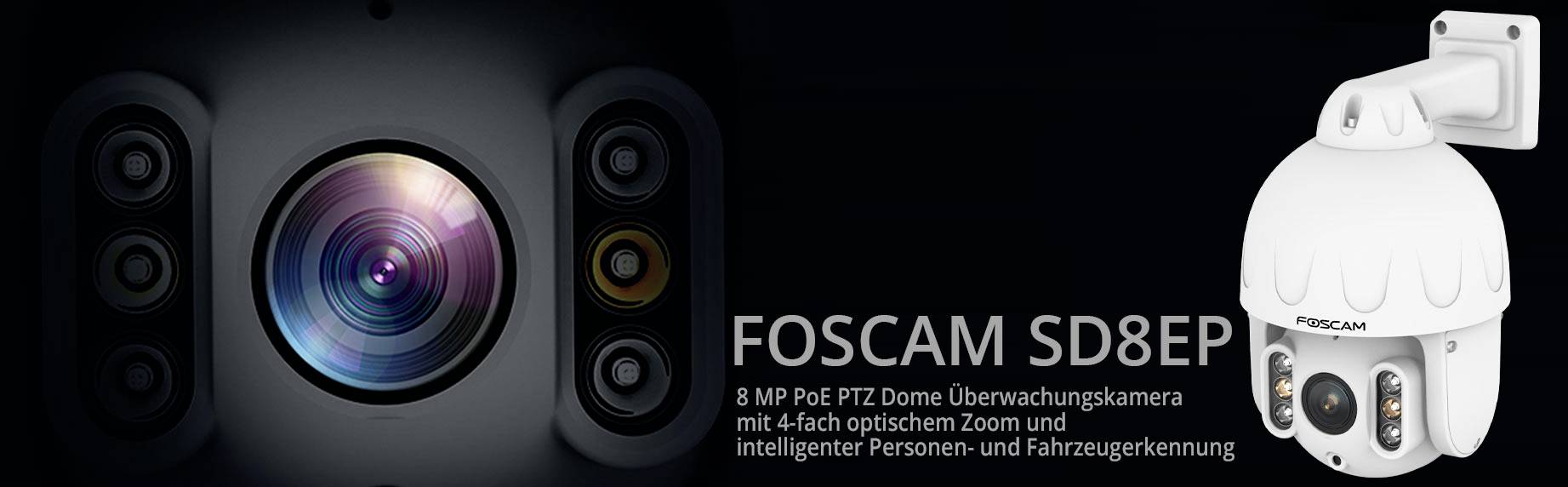 FOSCAM SD8EP övervakningskamera: 8 MP PTZ-kupol med 4x zoom, person- och fordonidentifiering. Bilden visar kamerans anslutningar.