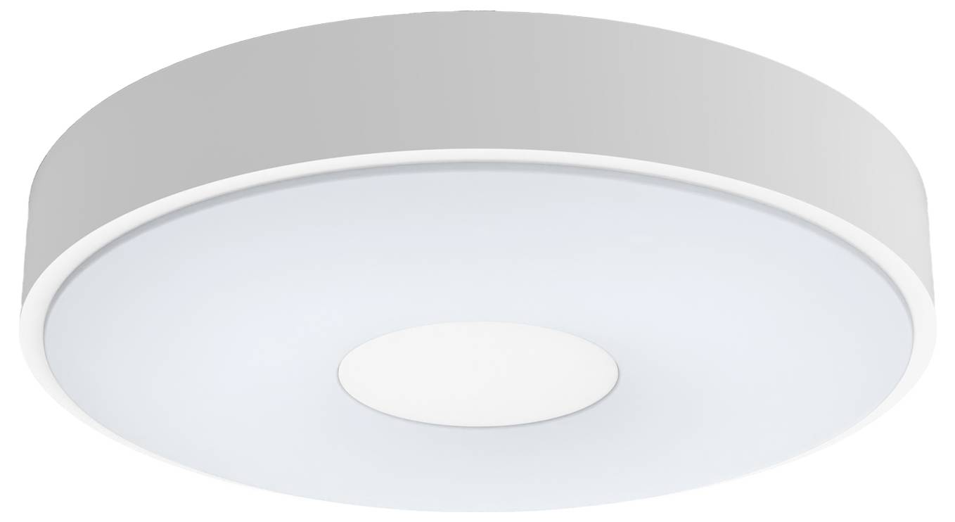 Rund, vit taklampa med minimalistisk design, lämplig för moderna interiörer.