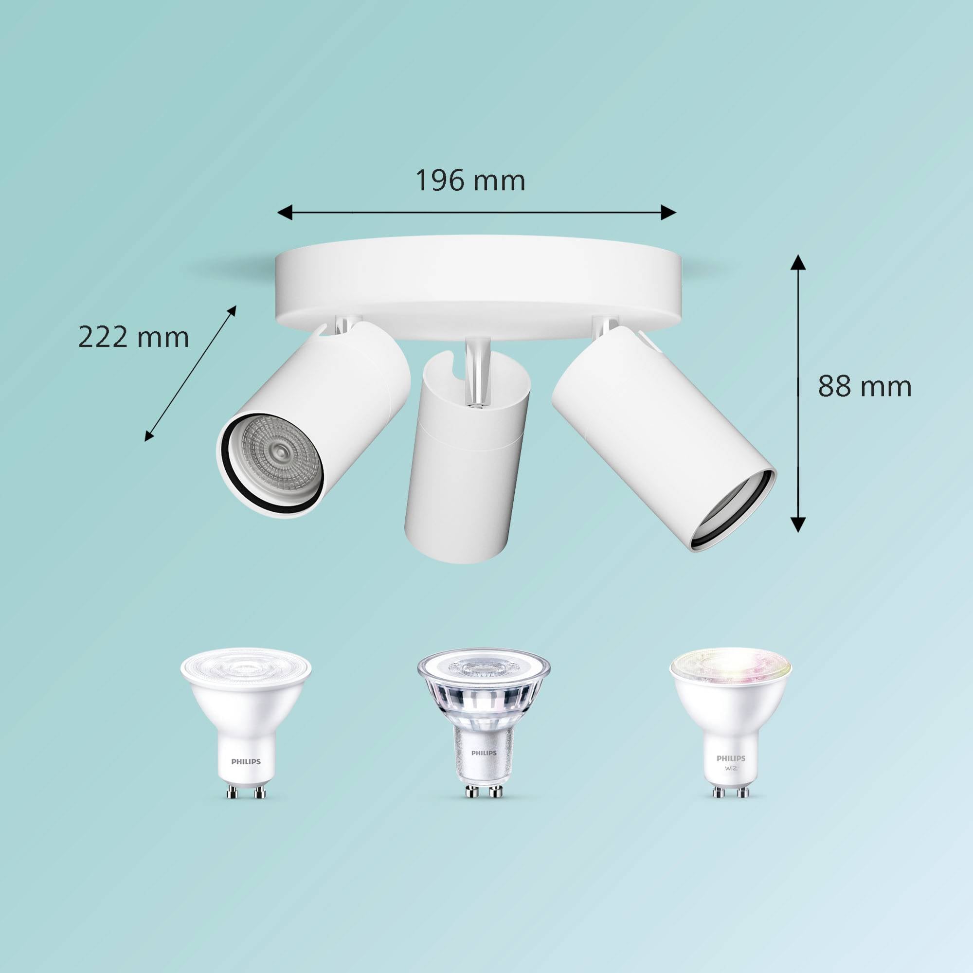 Takklampa med tre lampor och justerbara spotlights; Mått: 196 mm diameter, 222 mm höjd, 88 mm djup; visar tre LED-glödlampor.