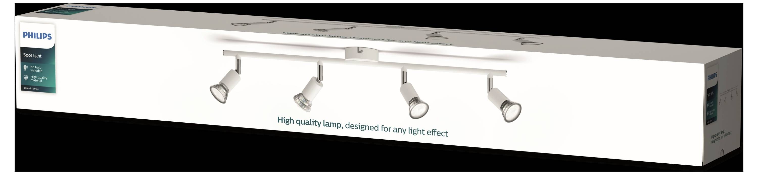 Förpackning för en Philips taklampa med fyra justerbara spotlights, lämplig för olika ljuseffekter.