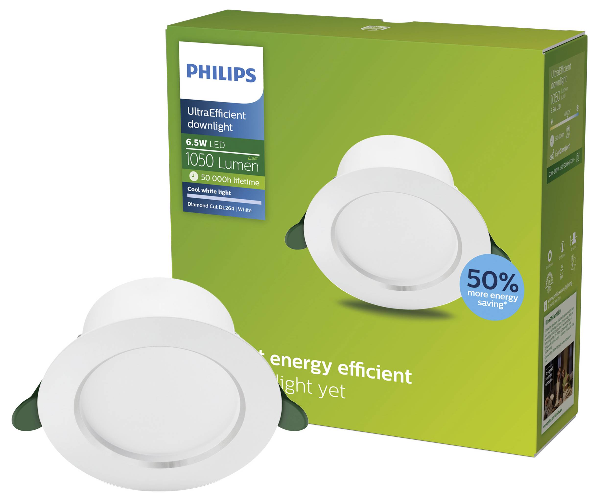 Philips UltraEfficient dimbar LED-spotlampa i förpackning och en vit inbyggd taklampa, märkt 6,5W, 1050 lumen och 50% mer energibesparing.