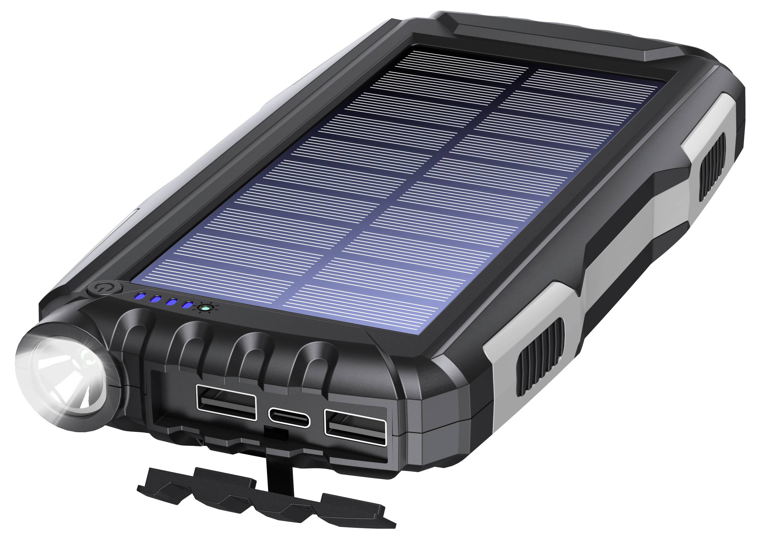 Bärbar solarladdare med integrerad ficklampa, två USB-portar och robust hölje.