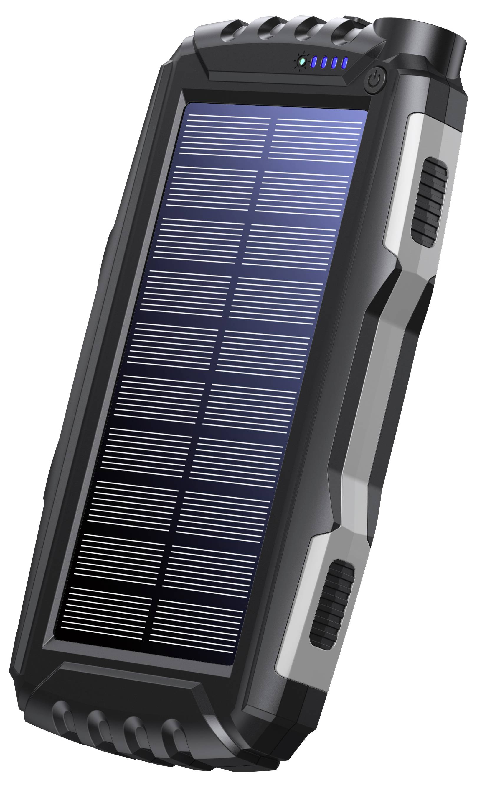 Bärbar solarladdare med solarpanel för energiinsamling, robust hölje, blå LED-indikatorer och sidoplacerade kontroller.