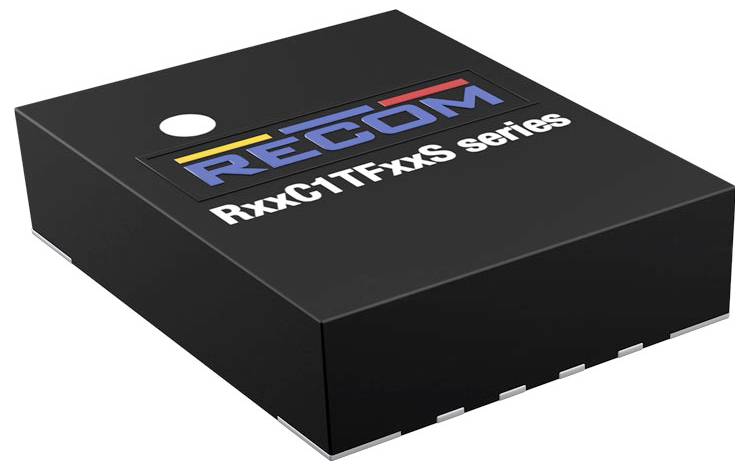 Svart komponent med inskriften 'RECOM RxxC1TFxxS series' i färgat logotyp, avbildad i en något lutad perspektiv.