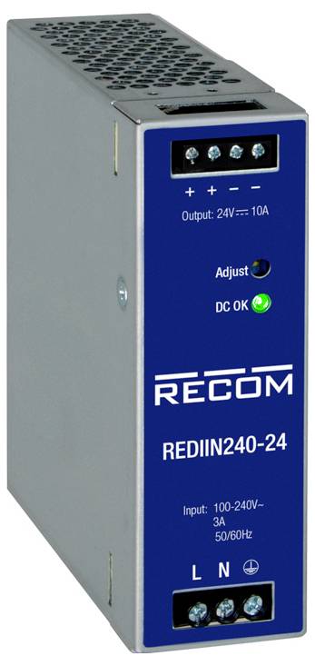 Nätadaptermodul märkt med 'RECOM REDIN240-24', visar ingångs- och utgångsdata. Ett grönt LED-ljus indikerar 'DC OK'.