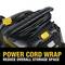 En dammsugare med upprullat nätkabel ovanpå, gul strömbrytare och text: 'POWER CORD WRAP REDUCE OVERALL STORAGE SPACE'.
