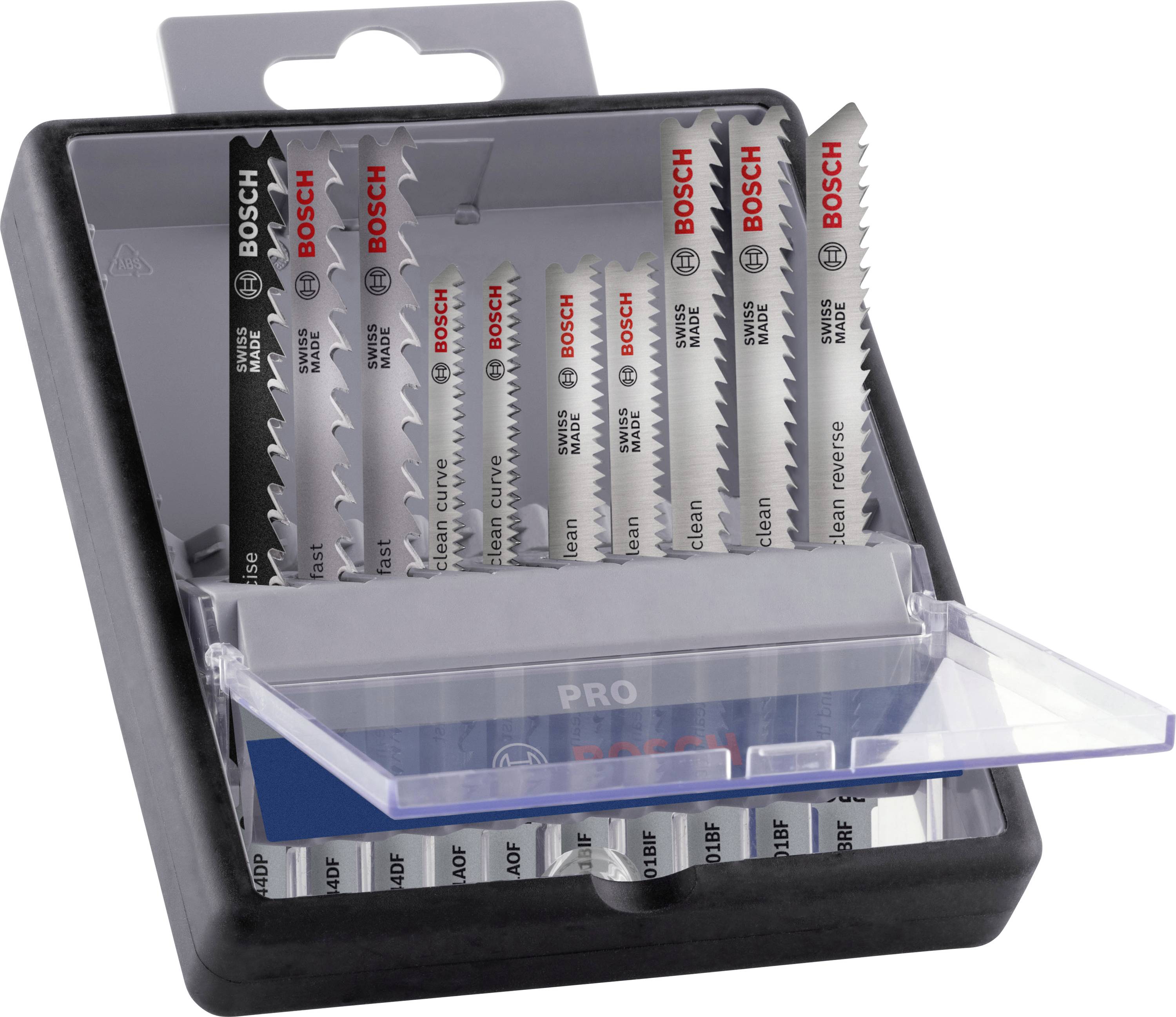 En öppen förpackning med flera Bosch-sågblad. Bladen är fastsatta i en hållare och visar olika tandtyper.