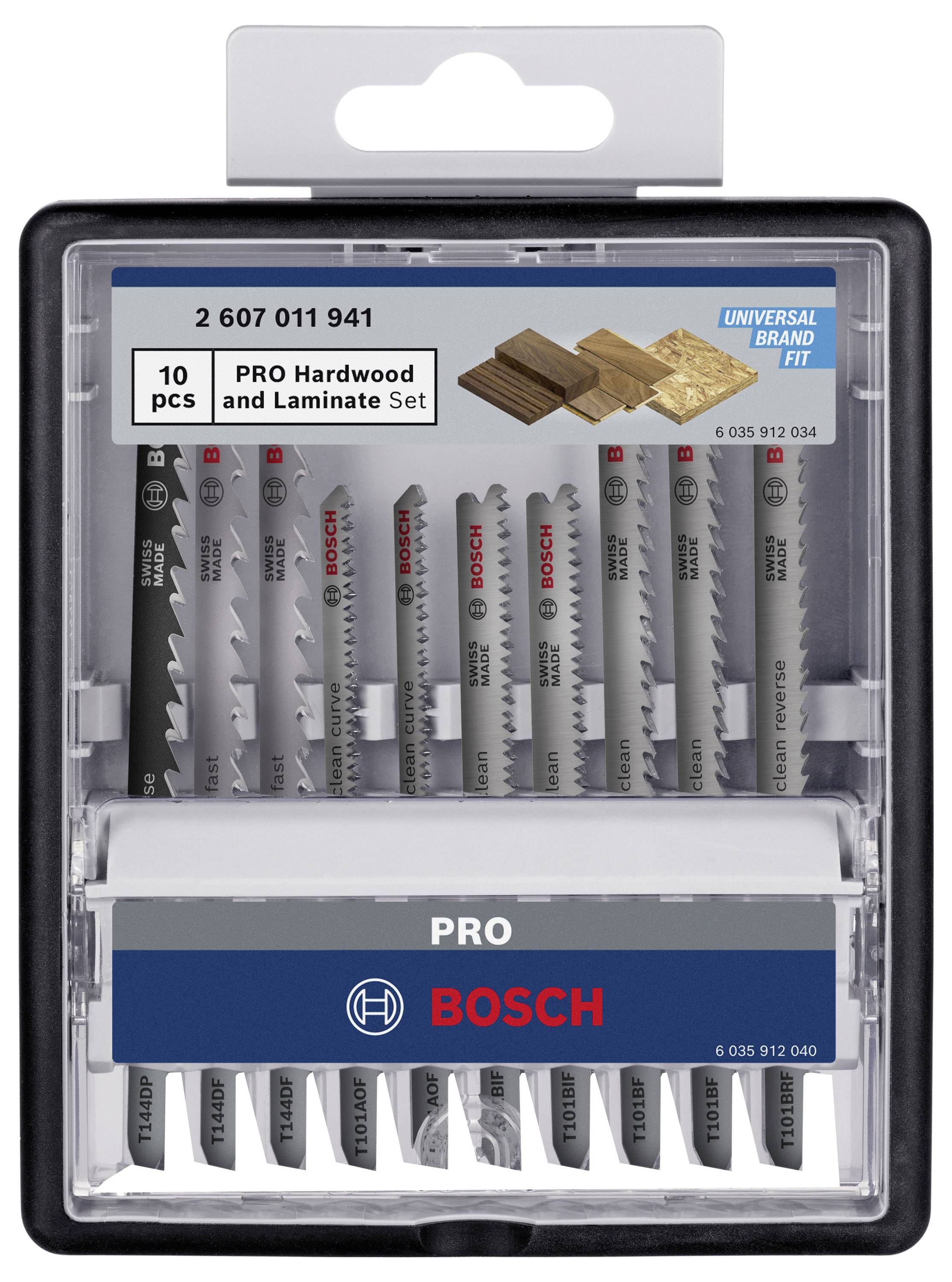 En uppsättning med 10 sticksågsblad från Bosch, lämpliga för hårdträ och laminat, i en genomskinlig förpackning.