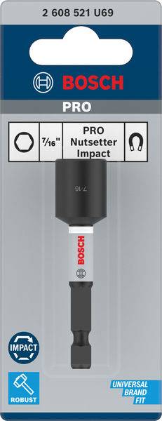 Bosch PRO Nutsetter Impact, en 7/16 tums hylsa särskilt utvecklad för slagborrmaskiner, förpackad i blått och grått.