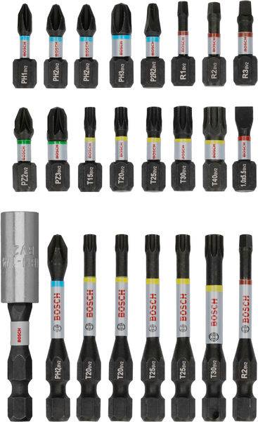 Bosch-set med skruvmejselbitsar i olika storlekar och typer, arrangerade i två rader. Övre raden består av kortare bitsar, nedre raden av längre bitsar.