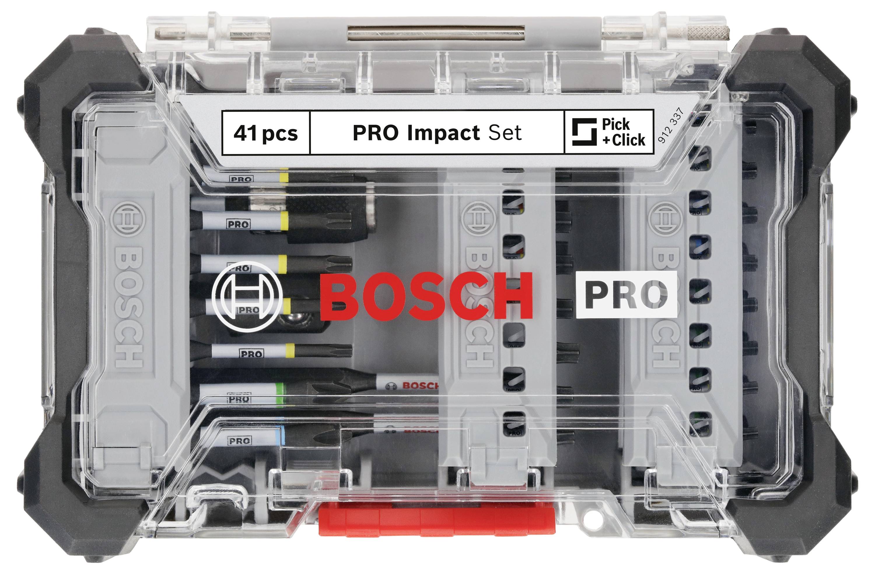 Bosch PRO Impact Set verktygsset i transparent låda med 41 delar, inklusive skruvmejselinsatser och borrar.