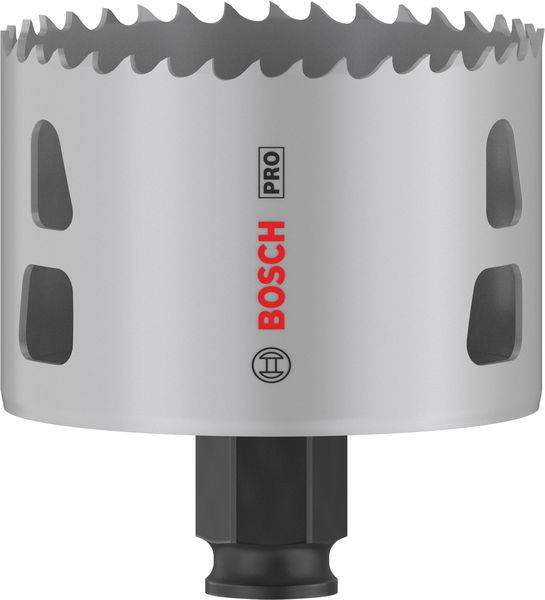 'Bosch Pro hålsåg med tandade skär och svart skaft, lämplig för precisionsborr i metall och trä.'