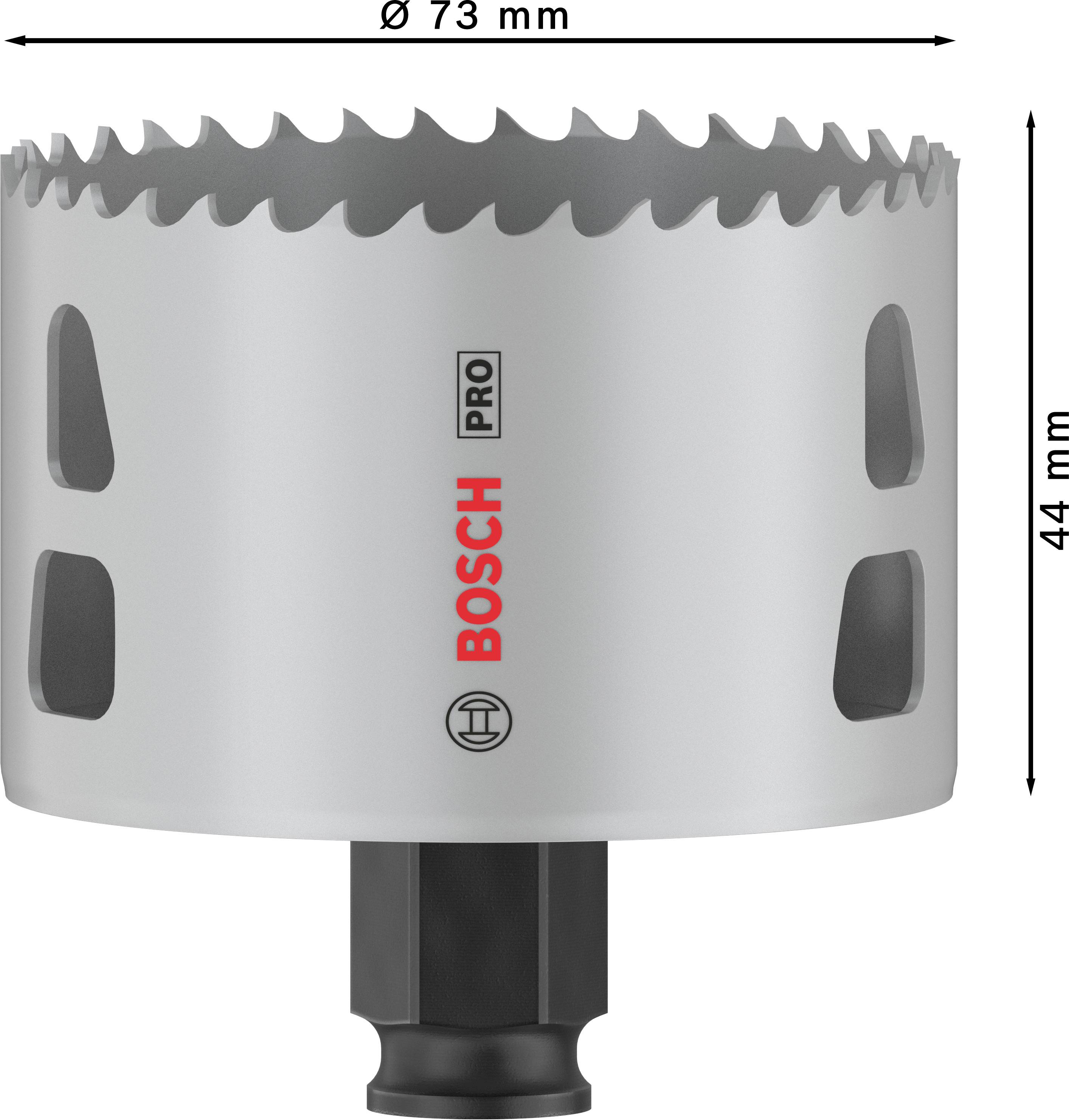 Cirkelsågstillsats med tandad skäregg, diameter 73 mm, höjd 44 mm, märke Bosch Pro, metallhölje med ventilationsöppningar.