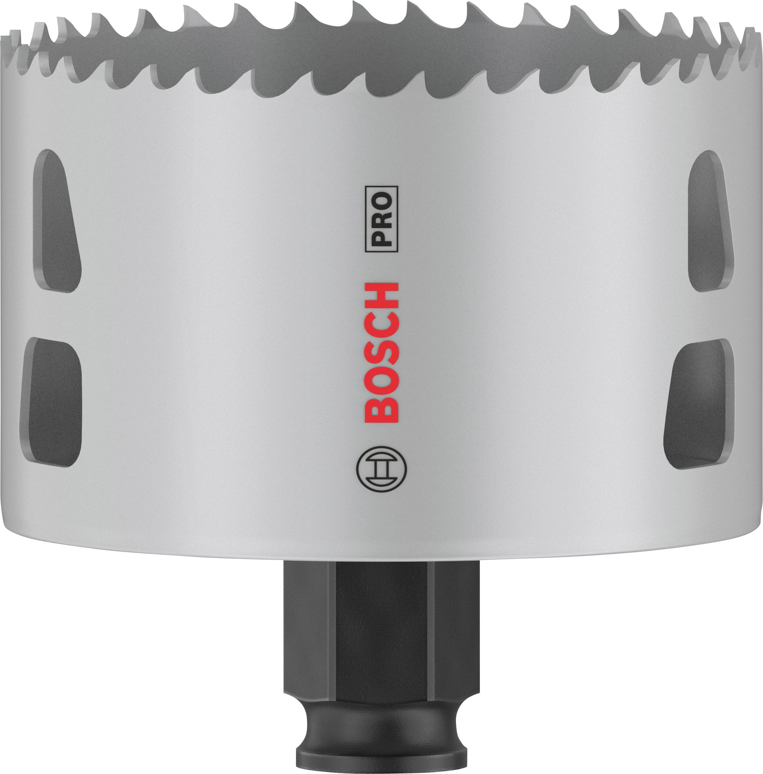 Silvrig hålsåg med svarta insatser, rött 'Bosch Pro'-logo och grå tänder, lämplig för precisionsborr i trä och metall.