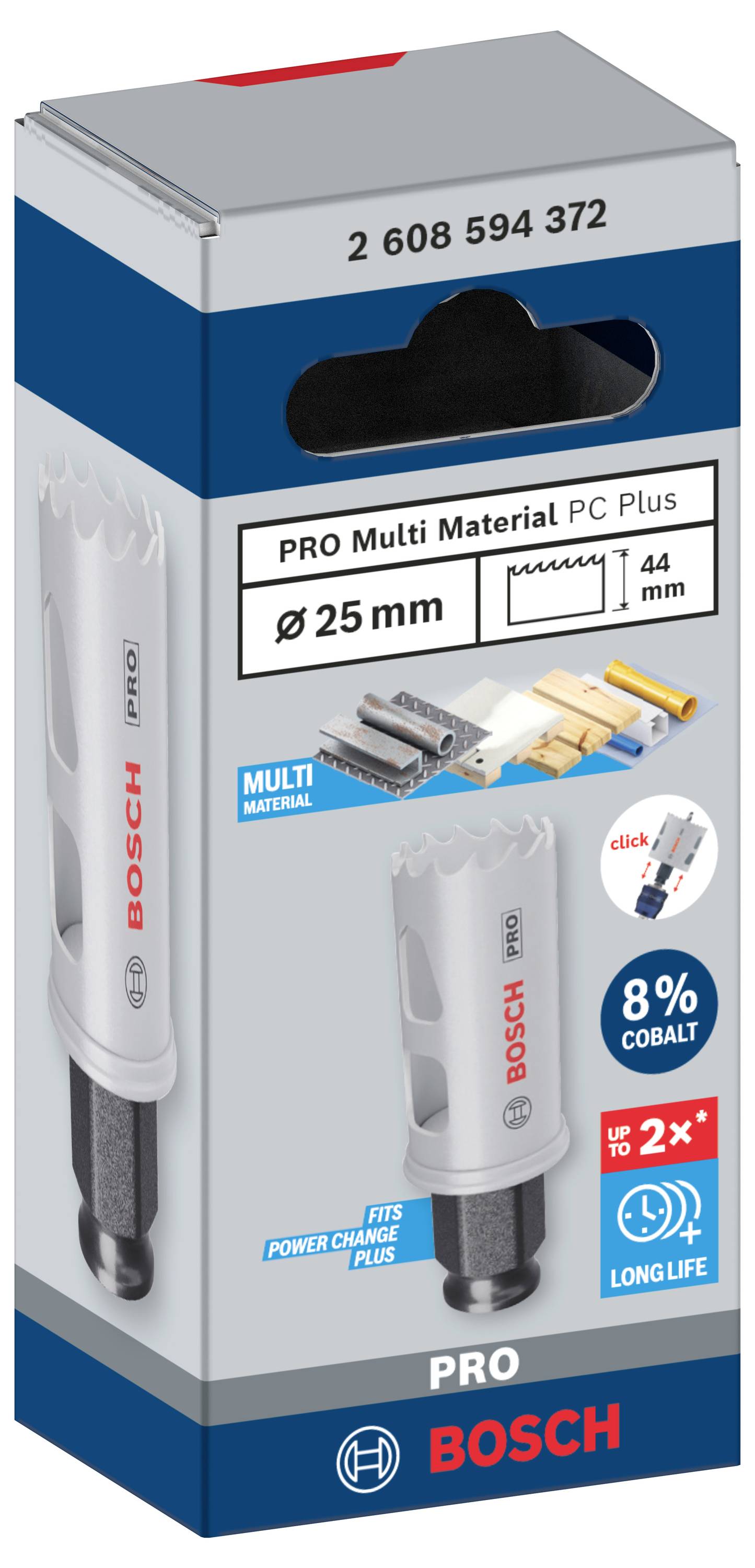 Bilden visar en Bosch hålsåg, modell PRO Multi Material PC Plus, med en diameter på 25 mm, lämplig för olika material.