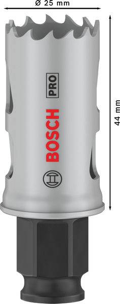 Borrkrona "Bosch Pro" med 25 mm diameter och 44 mm längd, silver med röd logotyp, lämplig för metallbearbetning.