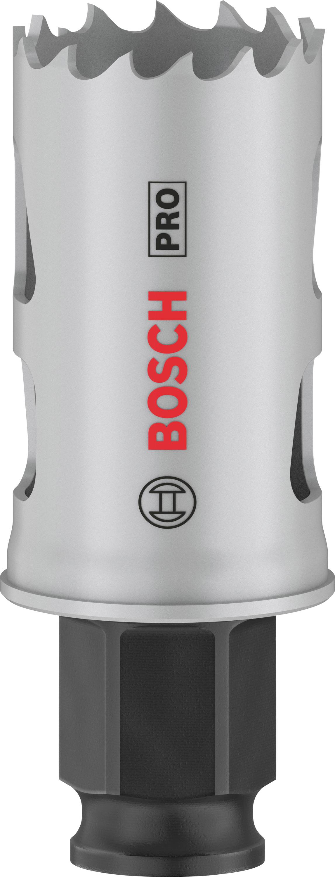 Silverfärgad hålsågsinsats med vassa tänder, tryckt med varumärket 'Bosch'. Används för preciserad borrning i olika material.