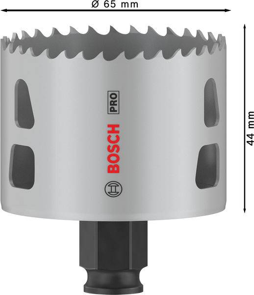 Sågkrona från Bosch Pro, vit med röda och svarta markeringar. Diameter 65 mm, höjd 44 mm, med sexkantig infästning.